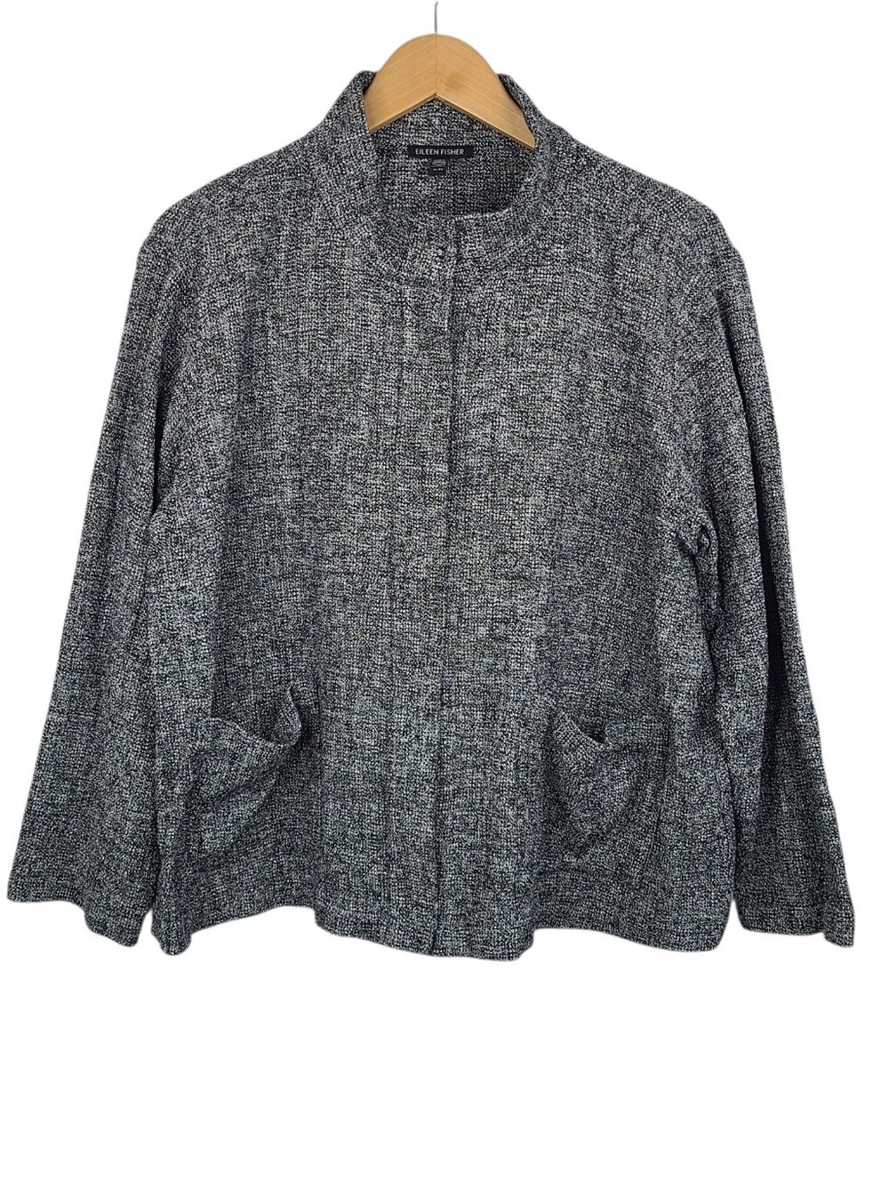 Eileen Fisher Organic Cotton Tweed Stand Collar Jacket Black Gray Women's Sz XL